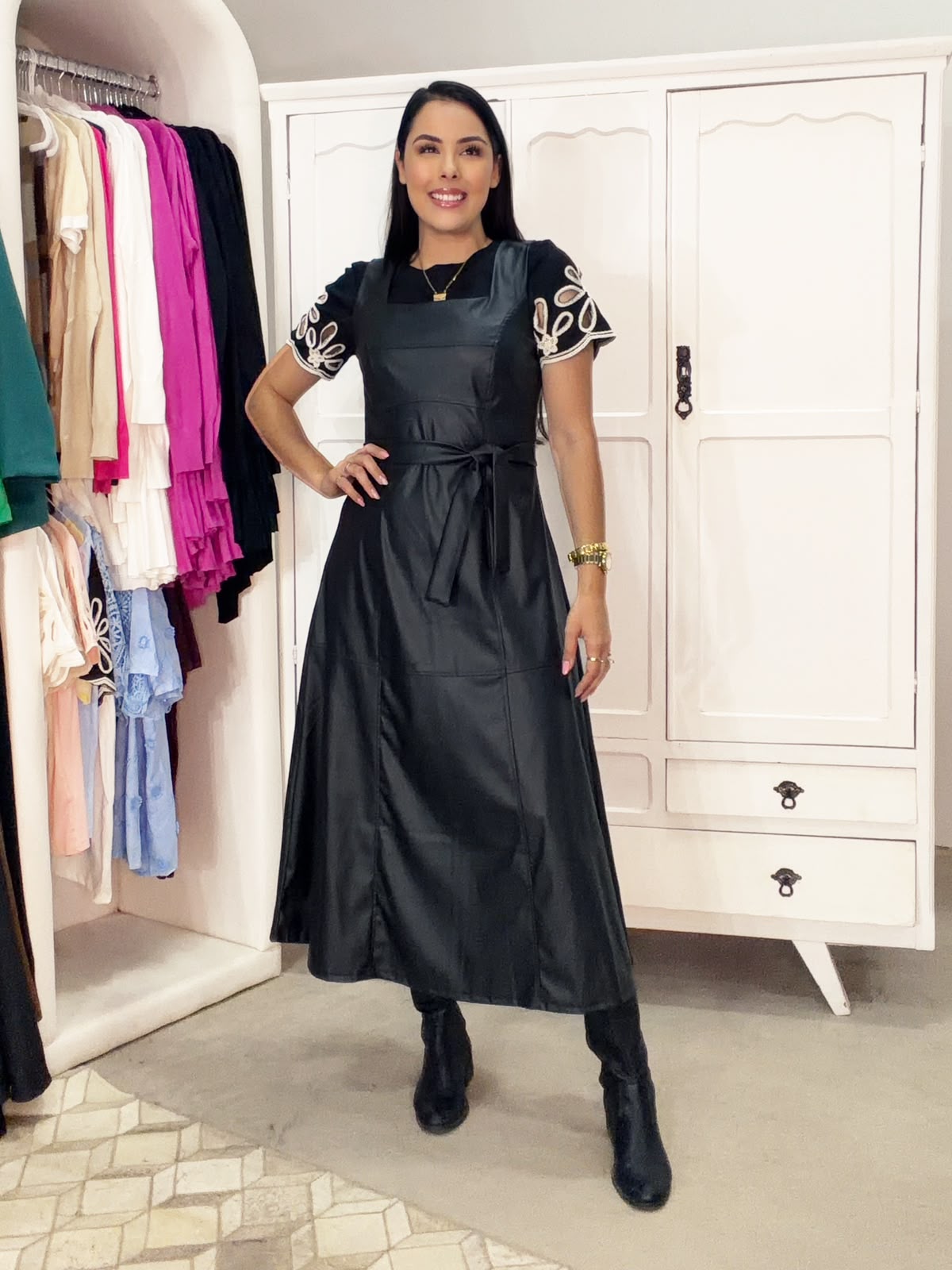 Vestido Longo Débora em Couro Ecológico